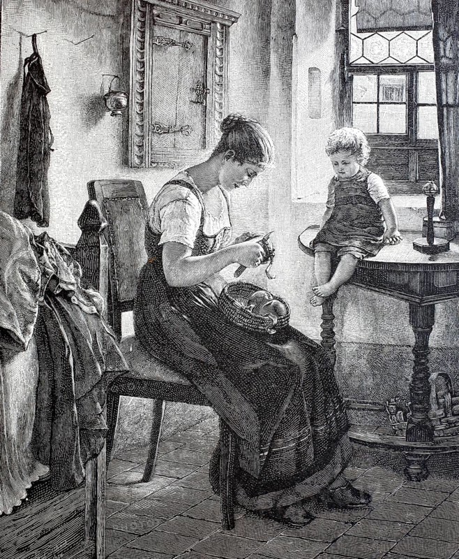 Preparing lunch, woman peeling potato, child sitting on the table and watching, c. 1888, Historical, digitally enhanced reproduction of a 19th century original