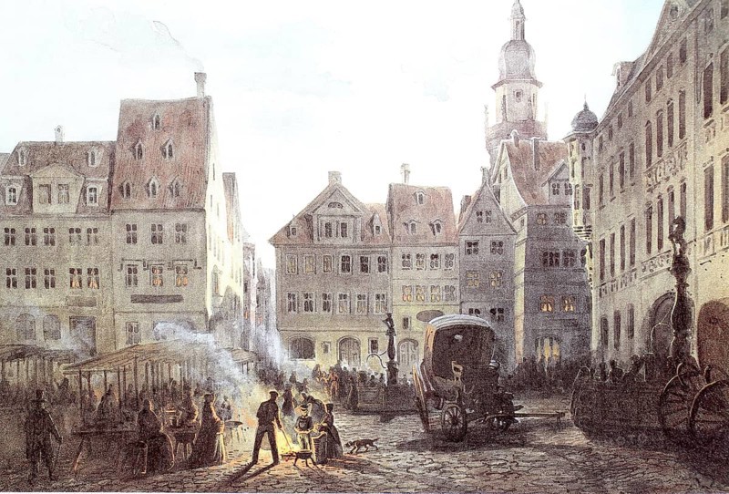 The market square in the evening, 1845, Coburg, Upper Franconia, Germany, Historical, digitally enhanced reproduction of a 19th century original