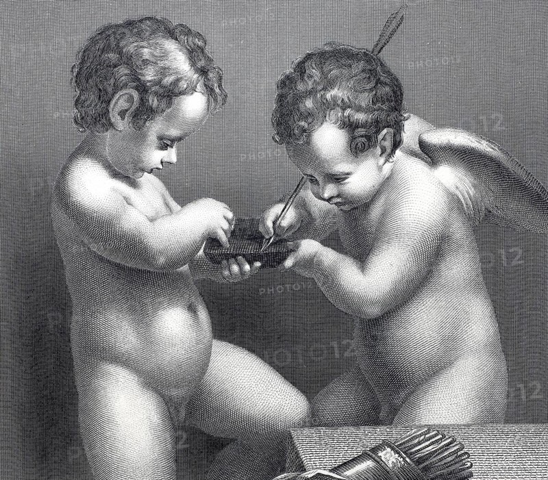 Cupids, figure of a naked, winged boy, as companion of the Roman god of love, putti, steel engraving after a painting by Coreggio, Historical, digitally restored reproduction of a 19th century model
