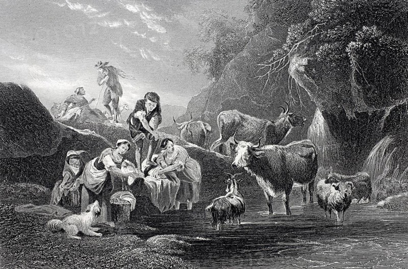 The watering place, woman washing clothes at the spring and the animals drinking the water, steel engraving after a painting by Nicolaes Pietersz. Berchem, Historical, digitally restored reproduction of a 19th century original, Rural scene with farmers and cattle in the 19th century, atmospheric and pastoral, black and white engraving with nature details