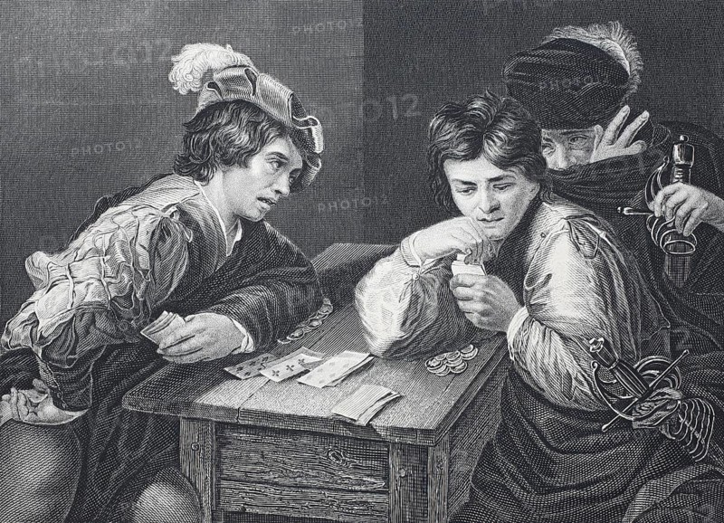 The players, two men playing cards for money, a third looks on, steel engraving after a painting by Caravaggio, Historical, digitally restored reproduction of a 19th century original