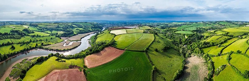 Panorama of Farms and Fields over River Dart from a drone, Stoke Gabriel, Totnes, Devon, England, United Kingdom