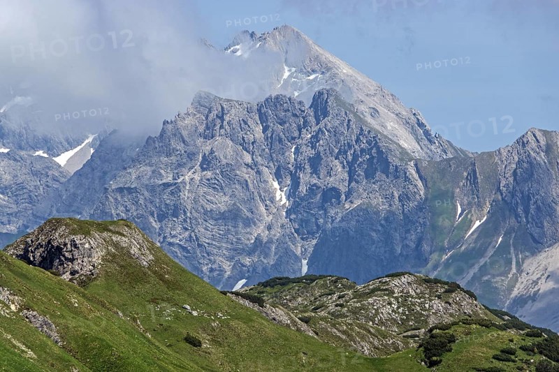 View from the Hochalp Pass, behind Biberkopf, Allgäu Alps, near Hochkrumbach, Vorarlberg, Austria