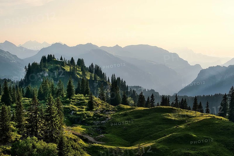 View from the Pragel Pass over the Muota Valley in the evening light, Central Swiss Alps, Canton Schwyz, Switzerland