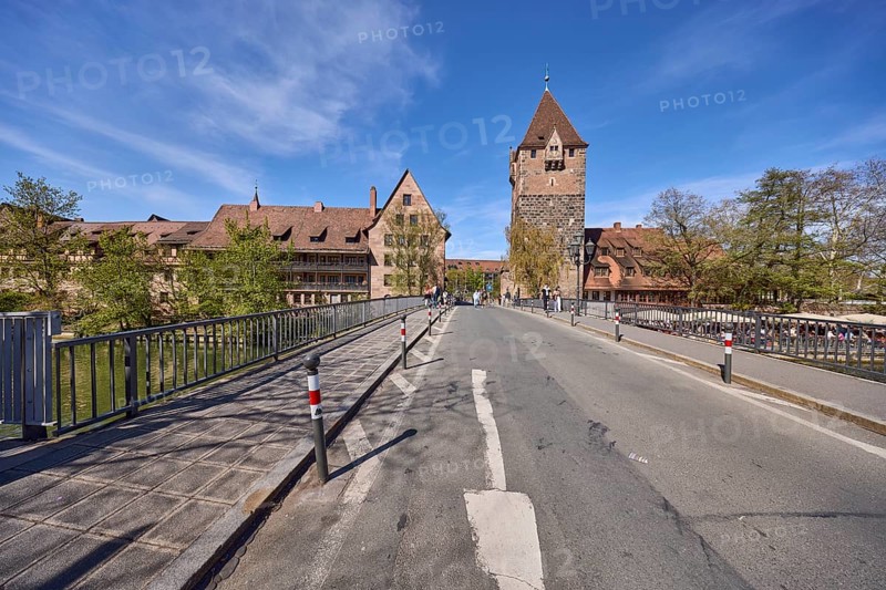 Schuldturm, historical buildings, car and pedestrian bridges, metal railings, blue sky, cirrostratus clouds, Heubrücke, Vordere Insel Schütt, Nuremberg, Middle Franconia, independent city, Bavaria, Germany