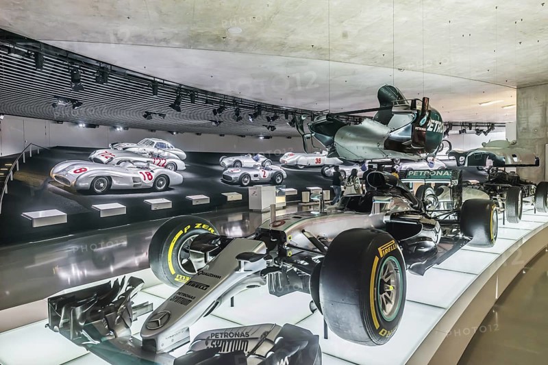 The Mercedes-Benz Museum in Stuttgart presents a journey through the automotive history of the global corporation. Myth 7: Racing cars and Silver Arrows - races and records. The history of the Mercedes star begins with the first automobile in 1886. Stuttgart, Baden-Württemberg, Germany