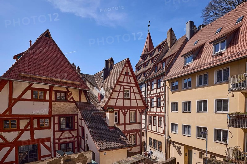 Historic half-timbered houses, residential buildings, gables, pointed roofs, facade, windows, blue sky, cirrostratus clouds, Obere Schmiedgasse, Nuremberg, Middle Franconia, independent city, Bavaria, Germany