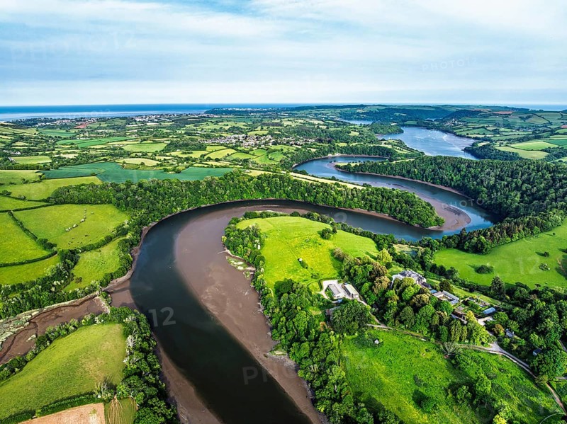 Farms and Fields over River Dart from a drone, Stoke Gabriel, Totnes, Devon, England, United Kingdom