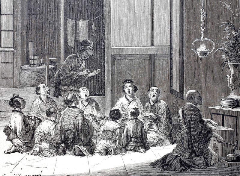 Japanese family gathered for prayer, praying, religion, home altar, 1870, Japan, Historical, digitally enhanced reproduction of a 19th century model