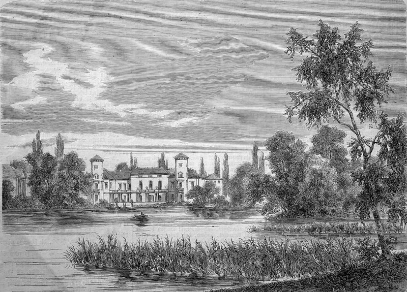 Rheinsberg Castle in the municipality of Rheinsberg, north-west of Berlin in the district of Ostprignitz-Ruppin, Germany, Historical, Reproduction from an original with a scene from the 19th century
