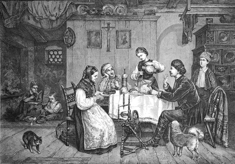 The student on holiday at home with his family at the kitchen table, Historical, Reproduction from a model with a scene from the 19th century