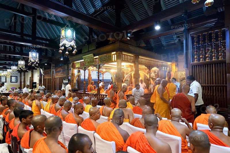 Monks in a prayer session, Temple of the sacred Tooth Relic or Sri Dalada Maligawa, Kandy, Sri Lanka