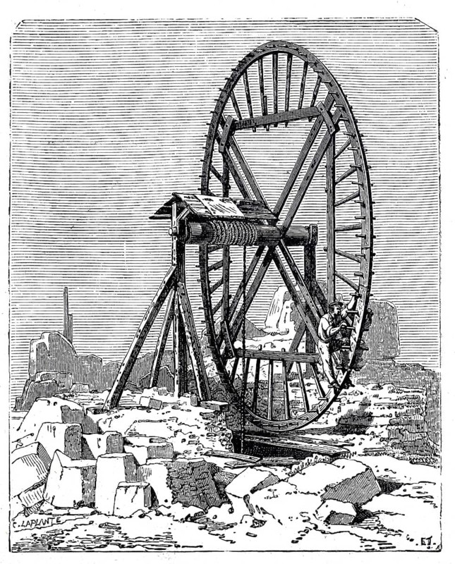 Lifting loads in quarries using a wheel driven by human power, digitally enhanced reproduction of a 19th century model, historical, exact date unknown