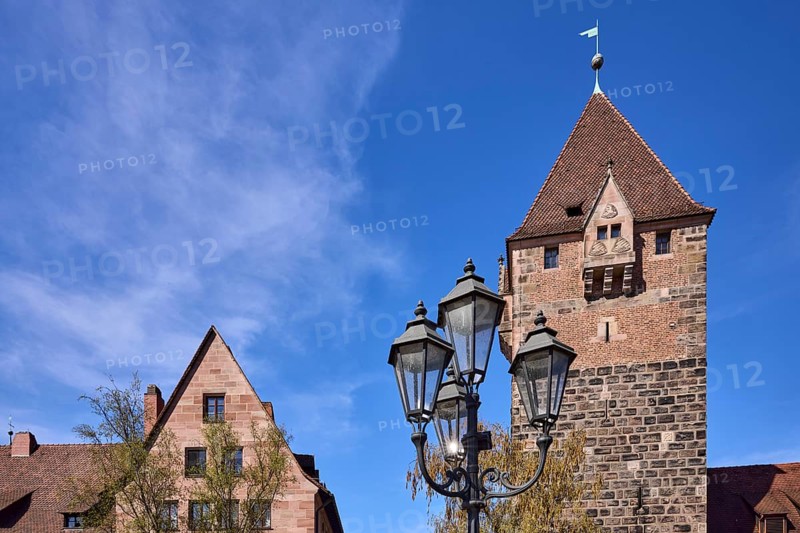 School tower, lantern, historic building, blue sky, cirrostratus clouds, Nuremberg, Middle Franconia, independent city, Bavaria, Germany