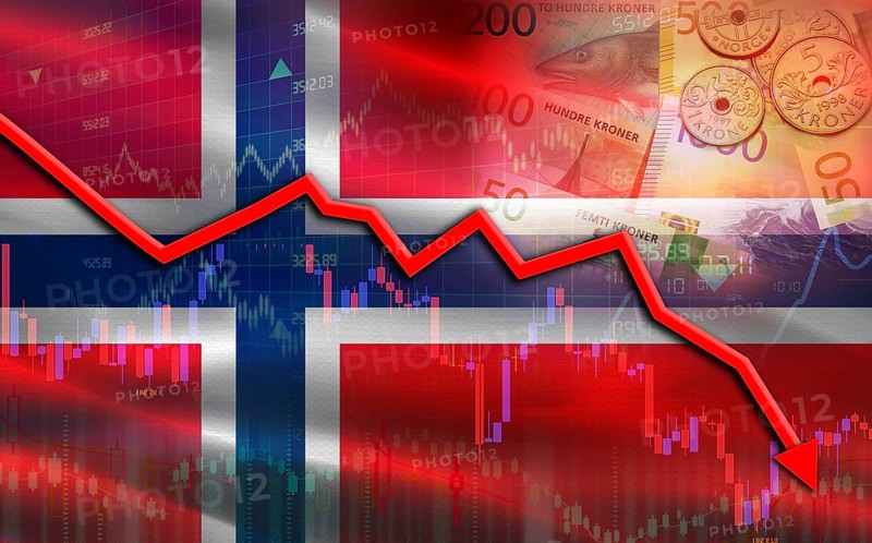 Norway financial fall on economy market. Norway financial crisis on economic graph