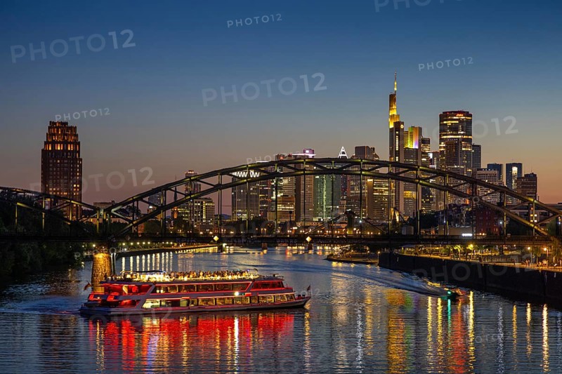 The lights of Frankfurt's banking skyline glow in the evening, Osthafen, Frankfurt am Main, Hesse, Germany