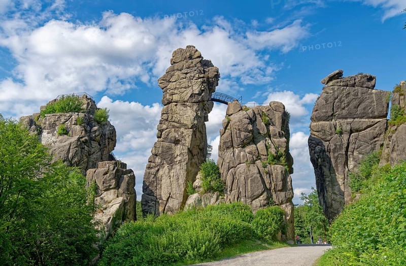 The Externsteine, a sandstone rock formation around 40 metres high in the Teutoburg Forest, are a natural landmark and a protected natural and cultural monument. They are regarded as a place of power and are considered to have special cultural and historical significance. The rocks are considered a place of power. Horn-Meinberg, North Rhine-Westphalia, Germany