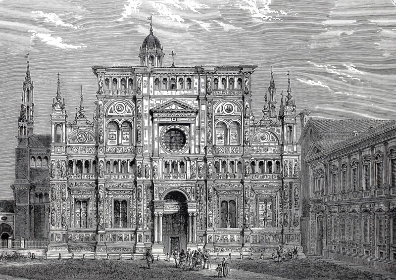 Facade of the Church of Madonna delle Grazie around 1800, Certosa di Pavia, monastery complex built for the Carthusian Order in the municipality of Certosa di Pavia in the Italian province of Pavia, Lombardy region, Italy, Historical, digitally restored reproduction of a 19th century model
