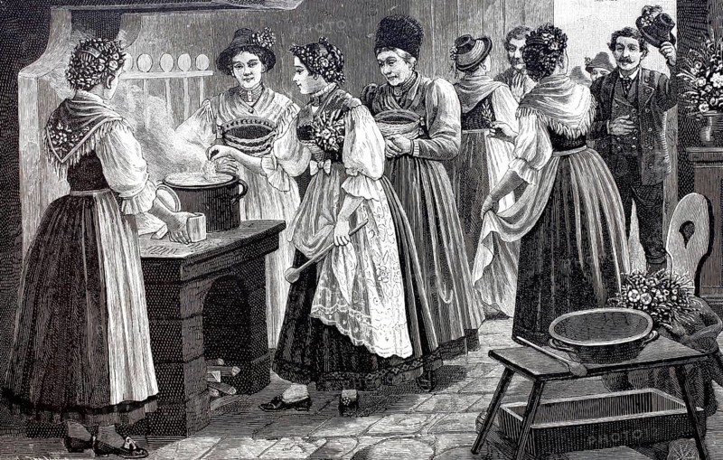 Soup salting, a wedding custom in Upper Bavaria, The bride must flavour the wedding soup and prove that she is a good housewife, 1888, Bavaria, Germany, Historical, digitally enhanced reproduction of a 19th century original