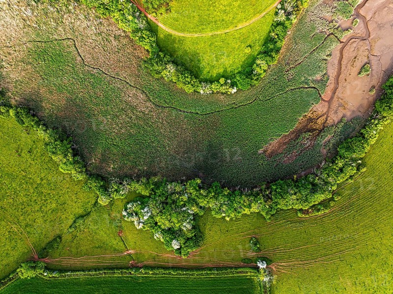 Top Down over Marshes over River Dart from a drone, Stoke Gabriel, Totnes, Devon, England, United Kingdom