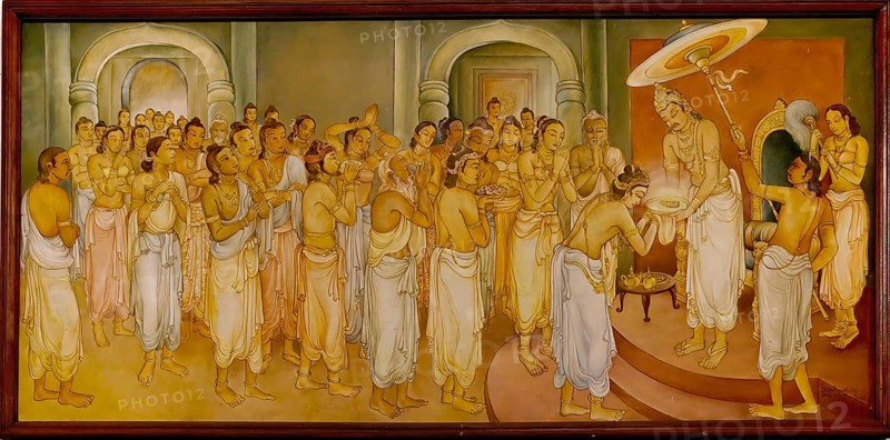 Temple of the sacred Tooth Relic or Sri Dalada Maligawa, Painted panel depicting the history of the Sacred Tooth Relic, New Shrine room or Alut Maligawa ceiling, Kandy, Sri Lanka