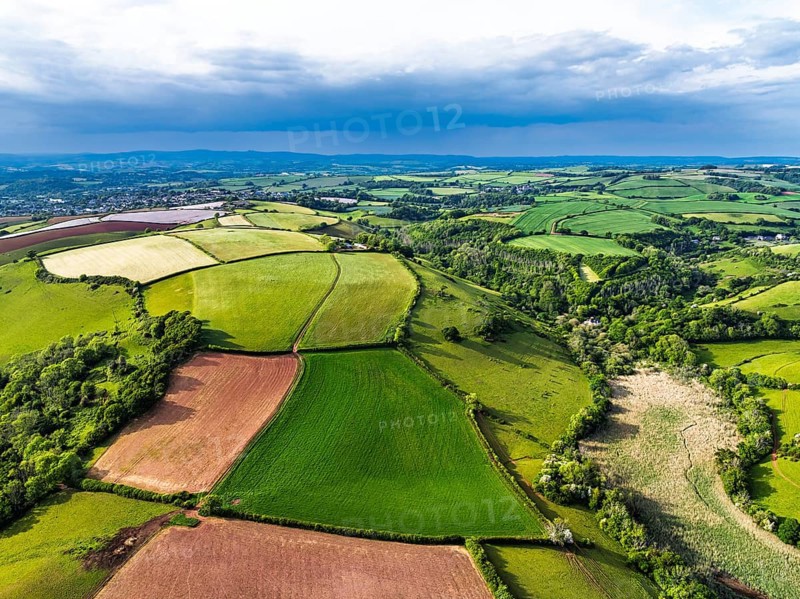 Farms and Fields over River Dart from a drone, Stoke Gabriel, Totnes, Devon, England, United Kingdom