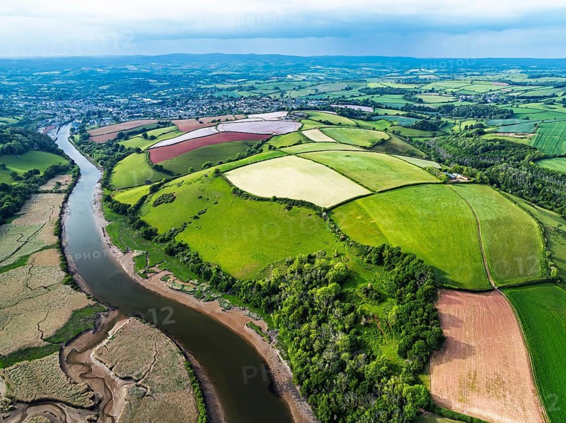 Farms and Fields over River Dart from a drone, Stoke Gabriel, Totnes, Devon, England, United Kingdom