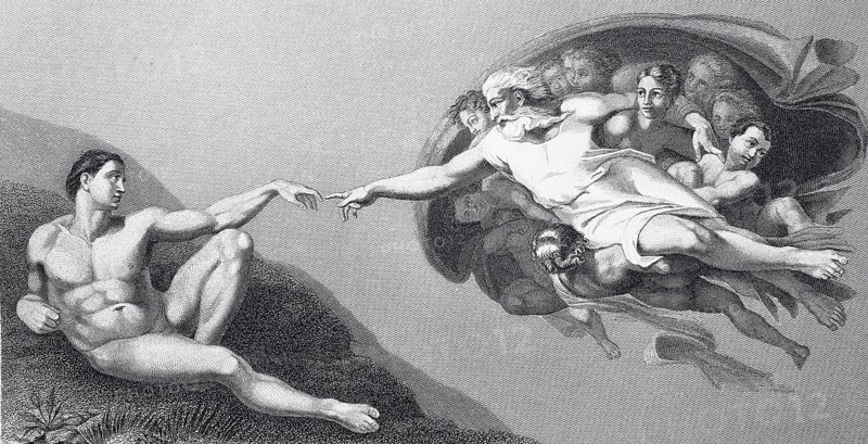The Creation of Man, Sistine Chapel, steel engraving after the fresco by Michelangelo, Vatican, Rome, Historical, digitally restored reproduction of a 19th century original
