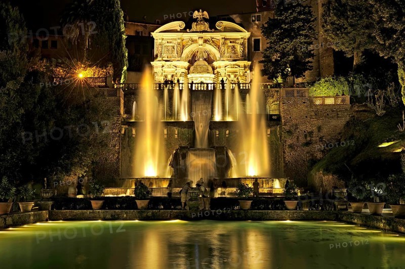 Fish ponds, Neptune Fountain, Fontana di Nettuno, Fountain of the Hydraulic Organ, Fontana dell'Organo, Renaissance garden of Villa d'Este, water features, fountains, atmospheric illumination at night, UNESCO World Heritage Site, Tivoli, metropolitan city of Rome, Lazio, Italy