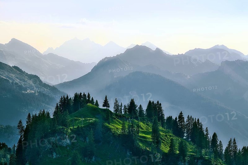 View from the Pragel Pass over the Muota Valley in the evening light, Central Swiss Alps, Canton Schwyz, Switzerland
