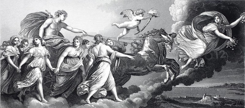 Aurora, in place of the Greek goddess Eos, a poetic designation of the dawn and a personalised goddess. As the Greek Eos is the sister of the sun god Helios and the moon goddess Selene, the Roman Aurora is accordingly regarded as the sister of the sun god Sol. Steel engraving after a painting by Guido Reni, historical, digitally restored reproduction of a 19th century original