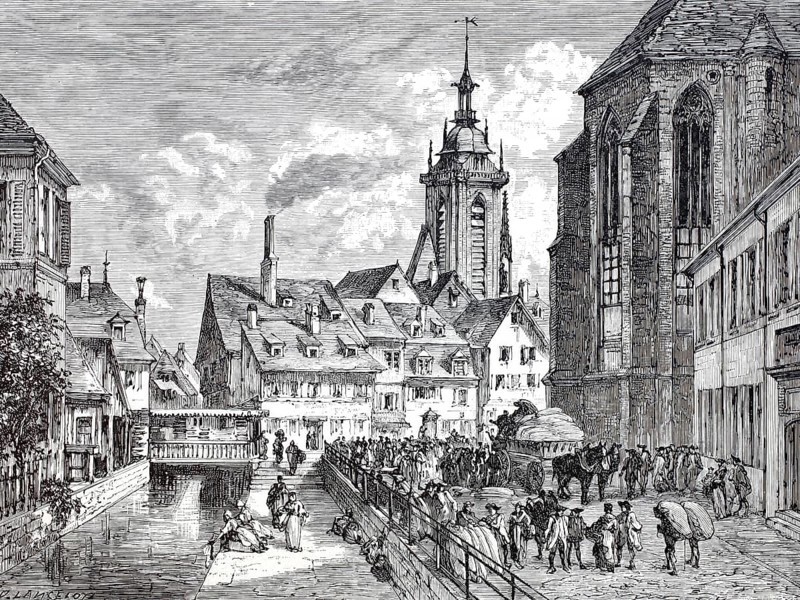 The corn market in Colmar, 1870, Alsace, France, Historical, digitally enhanced reproduction of a 19th century original