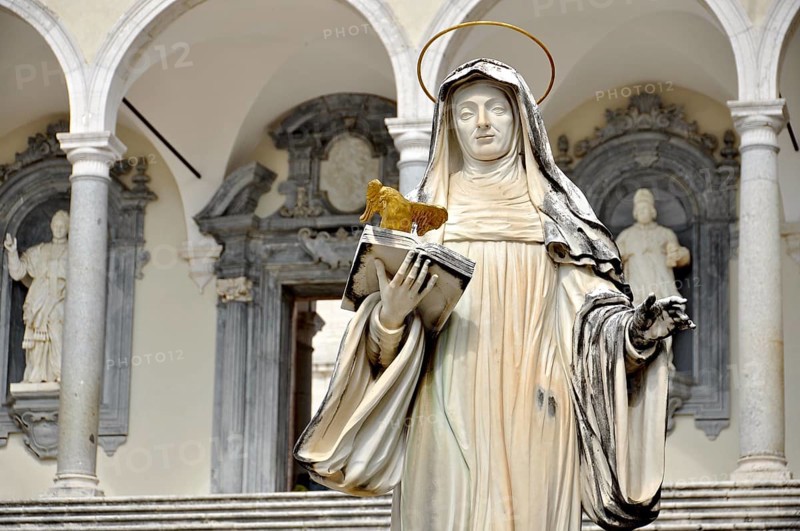 Marble statue of St Scholastica of Nursia by sculptor P. Campi of Carrara, Bramante Cloister, Benedictine Abbey of Montecassino, Monte Cassino, Cassino, Frosinone, Lazio, Italy