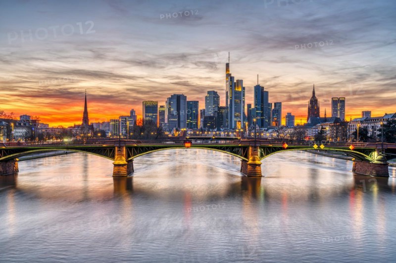 The Frankfurt skyline in Germany after sunset