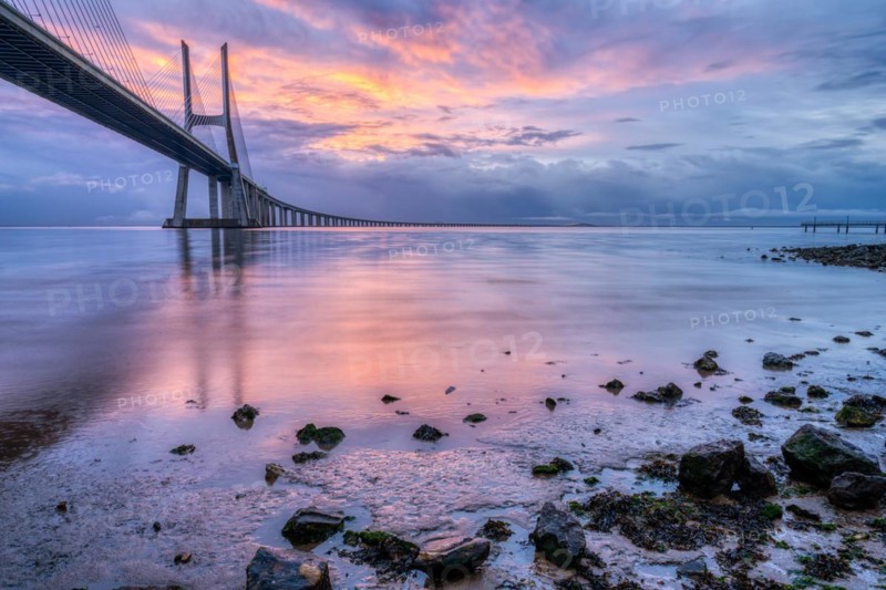 The Vasco da Gama Bridge over the River Tagus in Lisbon, Portugal, at sunrise
