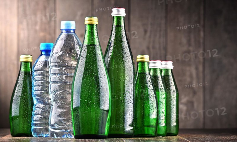 Composition with different sorts of bottles containing mineral water