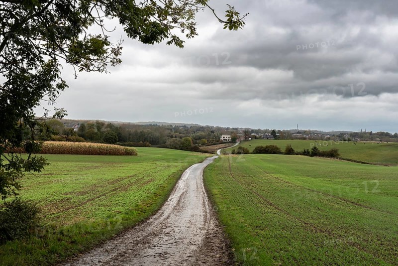Duisberg, Flemish Brabant Region, Belgium 10 31 2021: Dirty road through hils and agriculture land