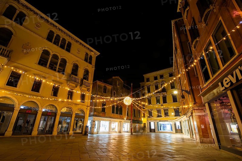 Lighting in the historic centre, night shot, Campo San Luca, Venice, Italy