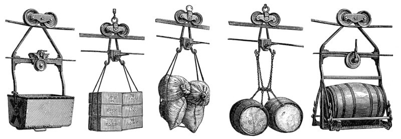 Historical illustration, 19th Century, Cable car transport systems, Fördergefäße und Lasten einer Seilbahn, historische Zeichnung, 19. Jahrhundert