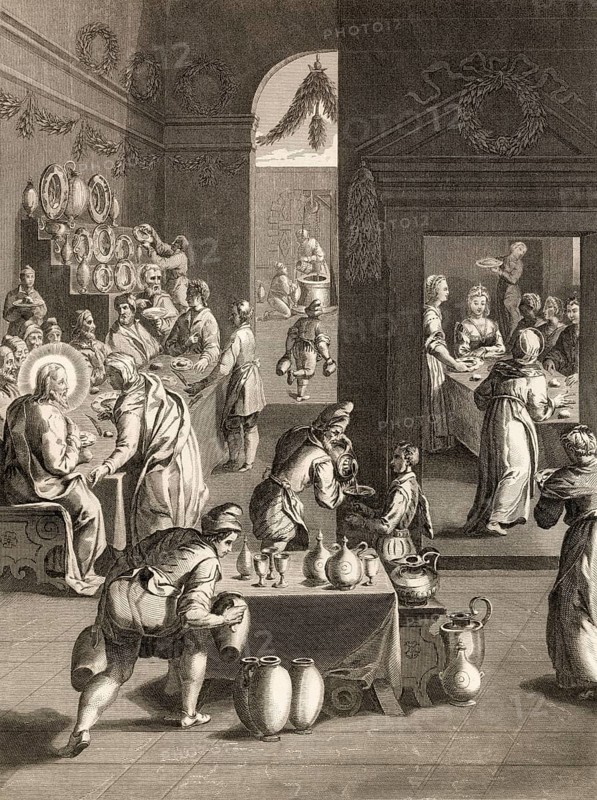 The wedding in Cana of Galilee, Steel engraving 1853, digitally restored