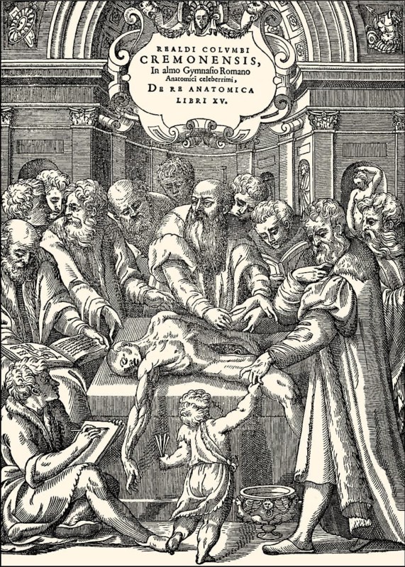 Title page from 1559, Realdo Colombo, anatomy lessons in the 16th century, Titelseite von 1559, Realdo Colombo, Anatomieunterricht im 16. Jahrhundert