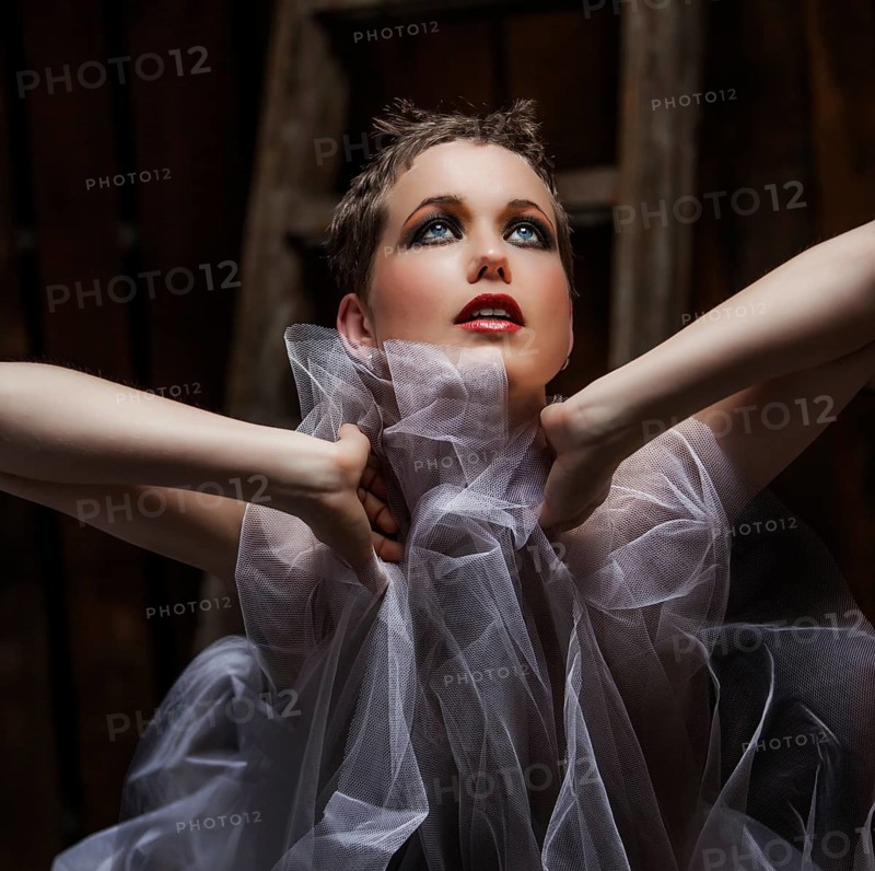 Female nude with tutu in front of a wooden ladder