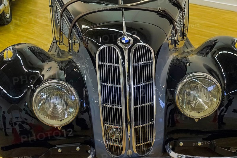 Moscow, Russia, November 10, 2018: Classic radiator grille for BMW cars. BMW 327 Coupe car (made in 1939) at the exhibition of old and rare cars