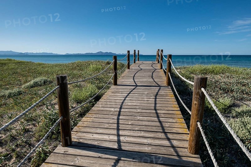 Wooden path to protect the dunes, Arenal de sa Canova, Artà - Santa Margalida, Natural Area of Special Interest, Majorca, Balearic Islands, Spain