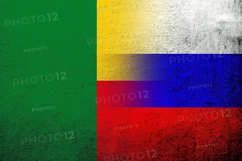 National flag of Russian Federation with Republic of Benin National flag. Grunge background