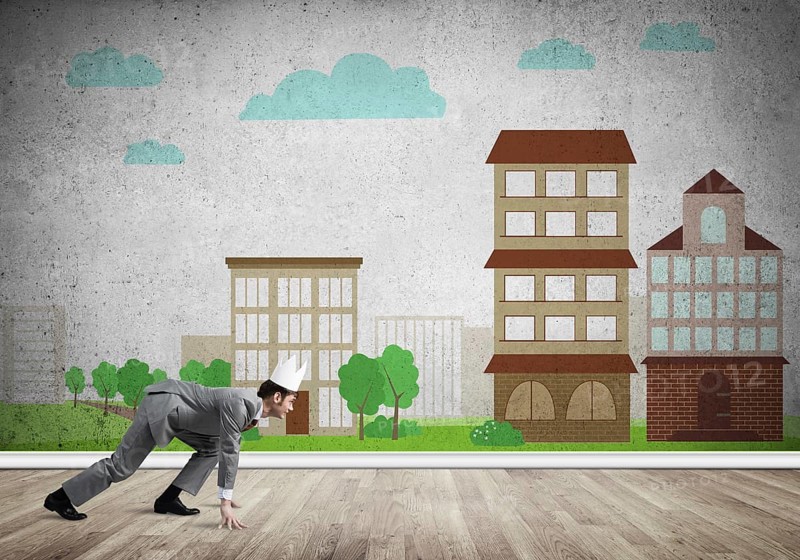 King businessman in elegant suit running and cityscape silhouette at background