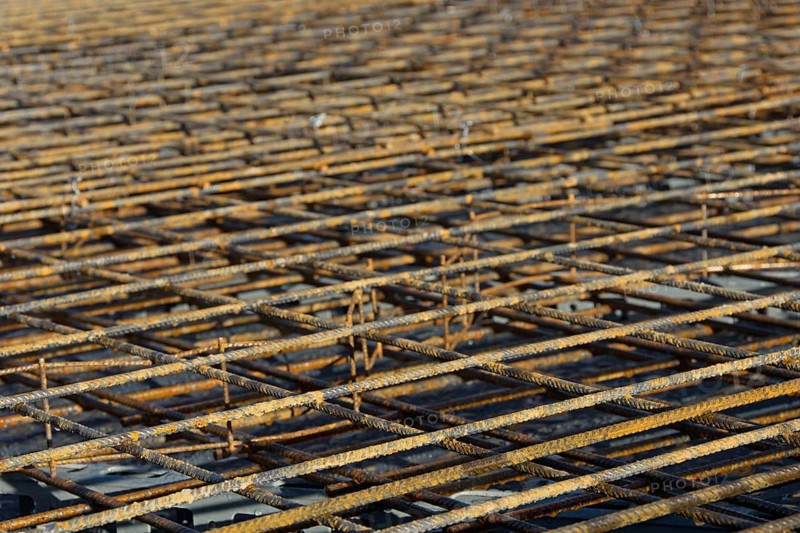 Close-up of steel reinforcement on the floor slab of a private home