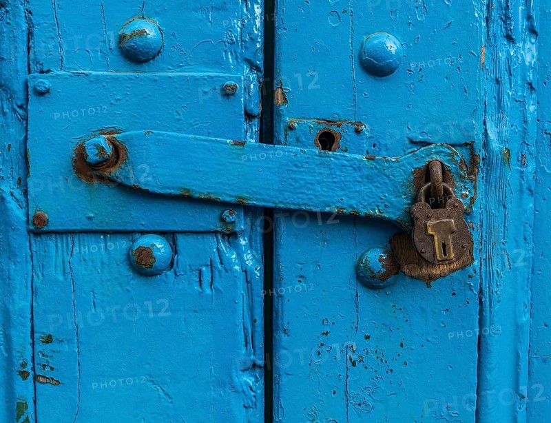 Vintage Sturdy Blue Wooden Door With Heavy Metal Lock