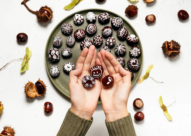 Two hands hold beautiful hand-painted chestnuts with different motifs over a plate full of autumn decorations in a rustic atmosphere. Creative handicraft for children