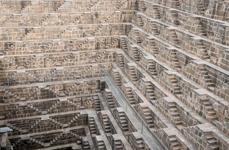 Details of the ancient stepwell of chand baori, at the village of Abhaneri, near Jaipur, Rajasthan in India